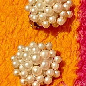 Faux pearl earrings clip Silvertone Vtg Marked O over Y: Yngve Olsson? Cluster